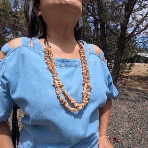 Navajo Two Strand Shell Chip Beaded Pullover Necklace w/ Pen Shell Heishi ** - Picture 12 of 12
